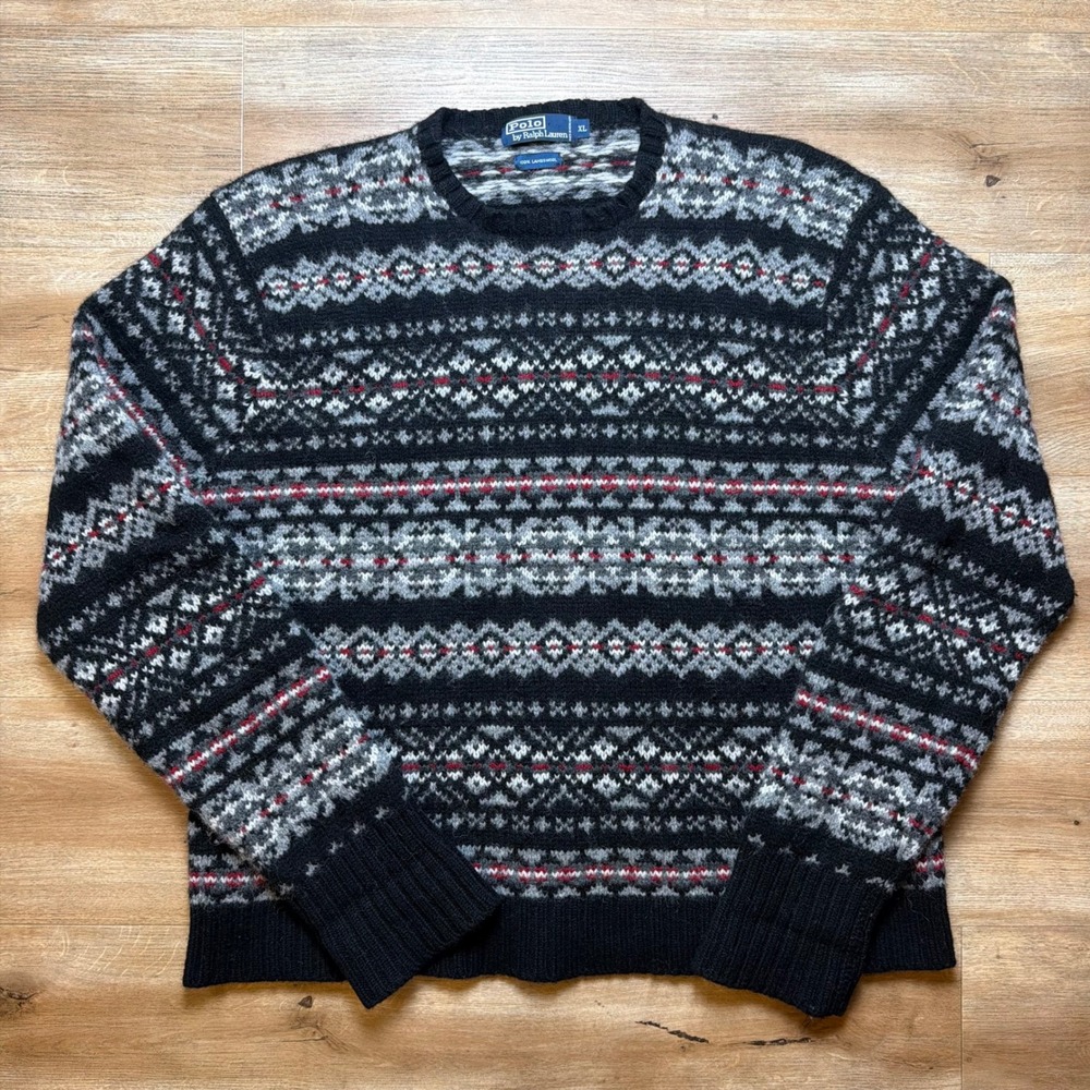 Vintage 90s Polo Ralph Lauren Sweater Mens XL Black Fair Isle Lambswool Crewneck